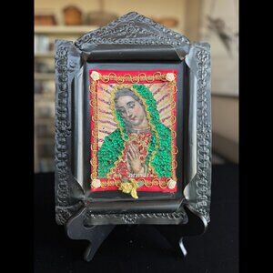 Vintage Mexican Folk Art Black Tin Nicho Shrine Our Lady of Guadalupe Collage